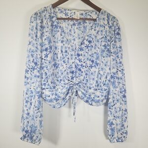 H&M Blue and White Ruched Tie Front Blouse